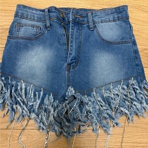 Rhinestone Fringe Denim Shorts - Blue